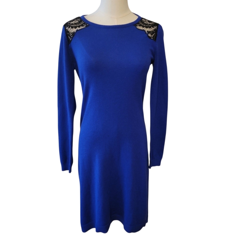 Ann Taylor Royal Blue & Black Lace Knit Sweater Dress Size Small‎ Petite